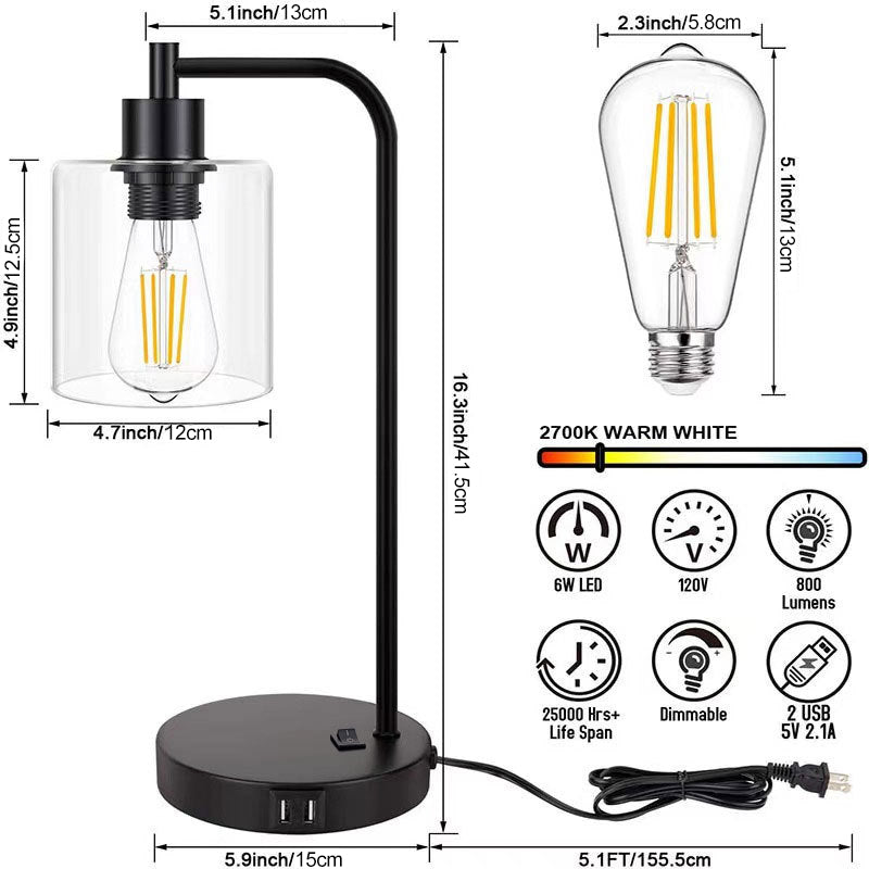 Contemporary Simplicity Cylinder Glass Lampshade Iron Base 1 - Light Table Lamp For Bedroom