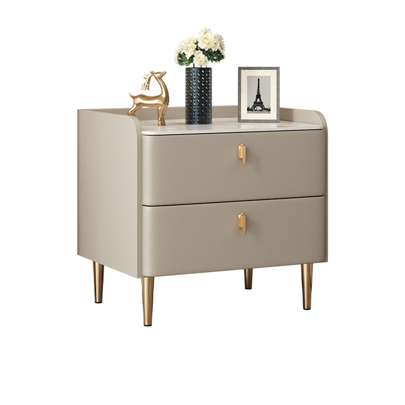 Modern Minimalist Square Microfiber Leather Solid Wood Rock Plate Alloy Carbon Steel Nightstand 2-Drawer For Bedroom