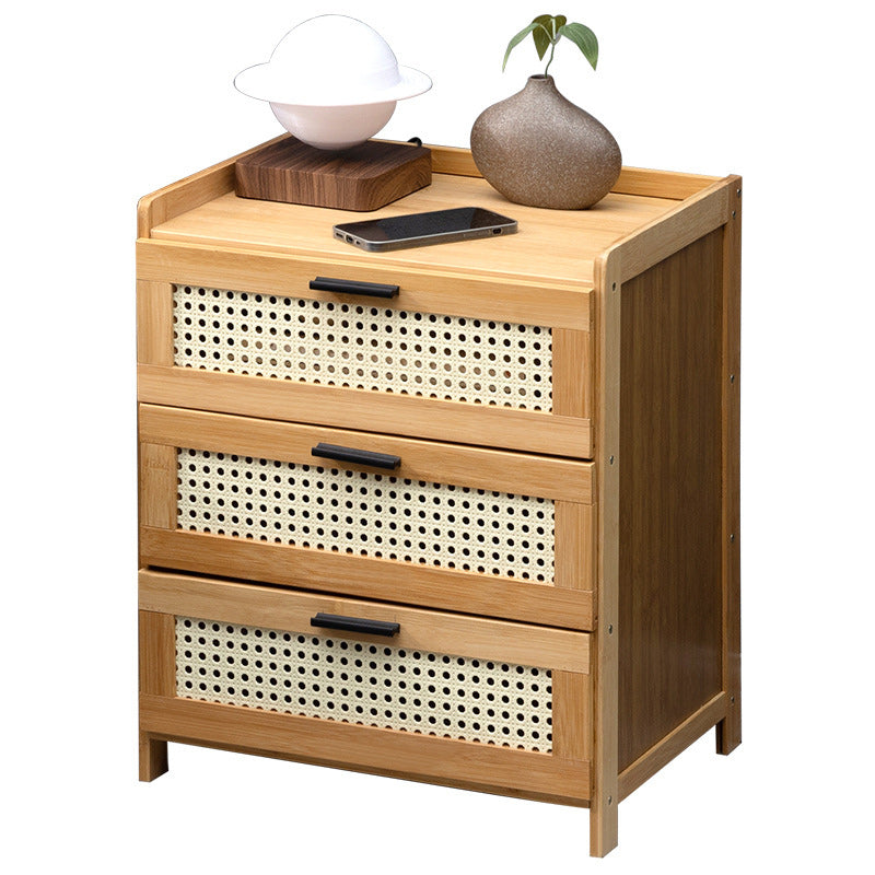 Traditional Vintage Square Wood Bamboo Plastic Nightstand 1/3 Drawer For Bedroom
