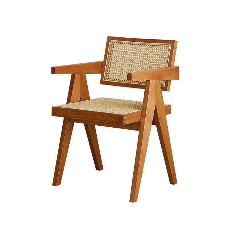 Traditional Japanese Weaving Rattan Wood Square Rectangular V Shape Frame Dining Chair Backrest Armrest For Dining Room