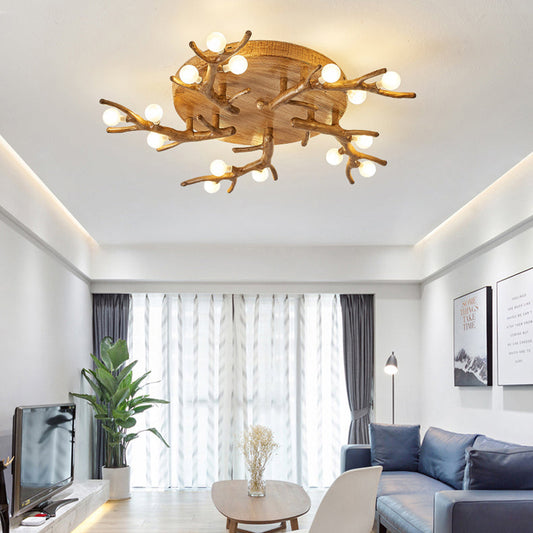 Contemporary Scandinavian Polymer Tree Branch Texture Glass Ball Shade 9/12/15-Light Semi-Flush Mount Ceiling Light For Living Room