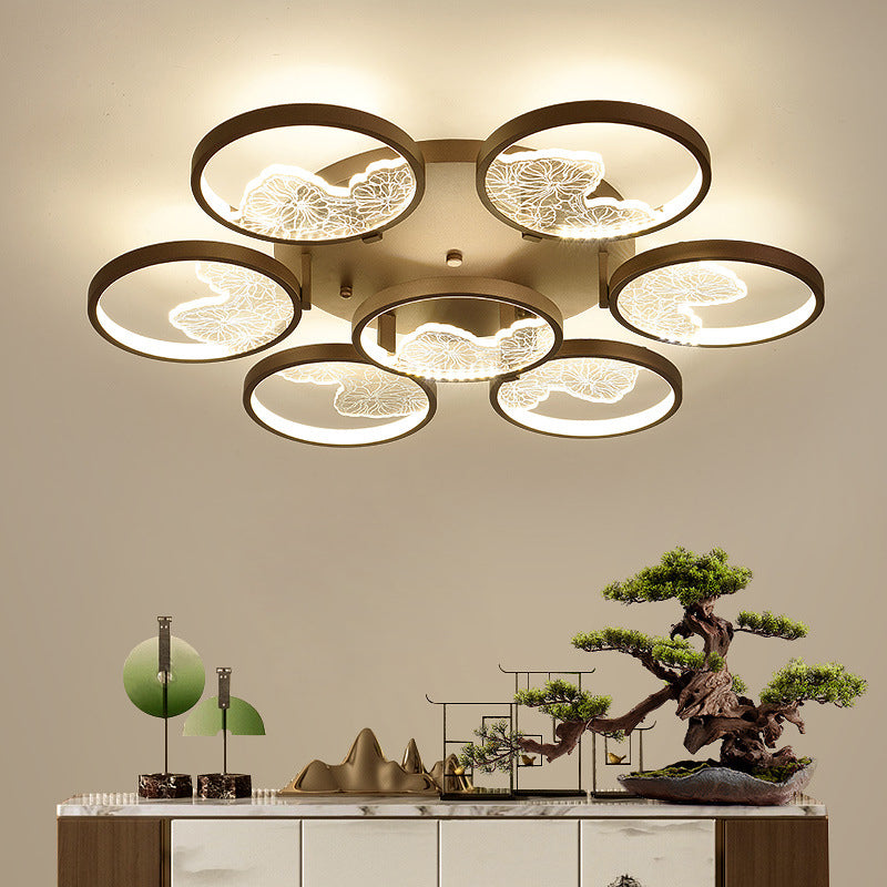 Traditional Chinese Zen Iron Round Frame Acrylic Flower Pattern LED Semi-Flush Mount Ceiling Light For Living Room