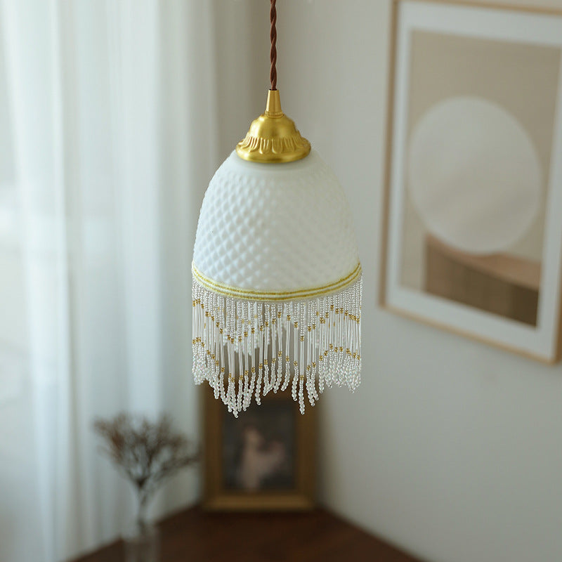 Traditional European Oval Tassel Glass Copper 1-Light Pendant Light For Bedroom