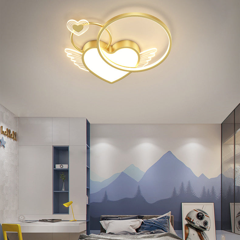 Modern Art Deco Heart Wings Round Acrylic Iron LED Flush Mount Ceiling Light For Bedroom
