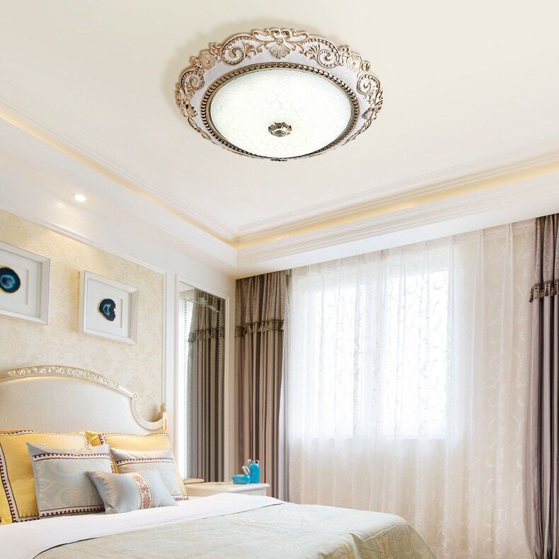 European Retro Round Carved Lace Resin Glass LED Flush Mount Ceiling Light