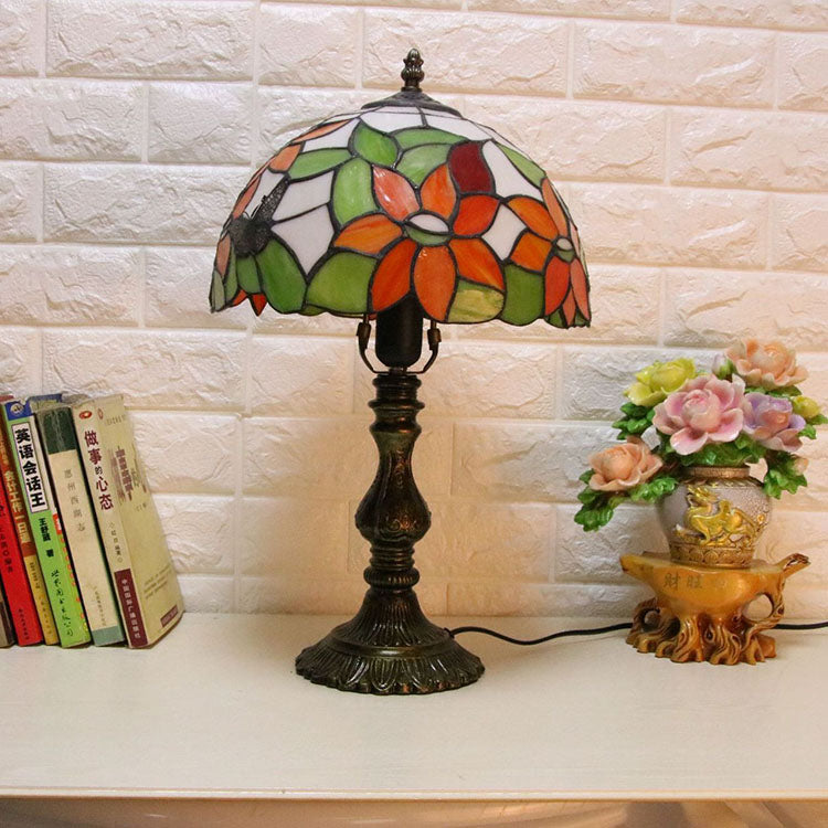 Traditional Tiffany Rose Dragonfly Stained Glass Dome 2-Light Table Lamp For Study
