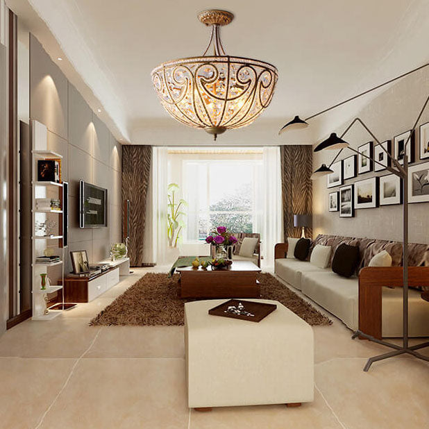 French Luxury Crystal Bead Strings Bowl Gold Iron 5-Light Semi-Flush Mount Ceiling Light