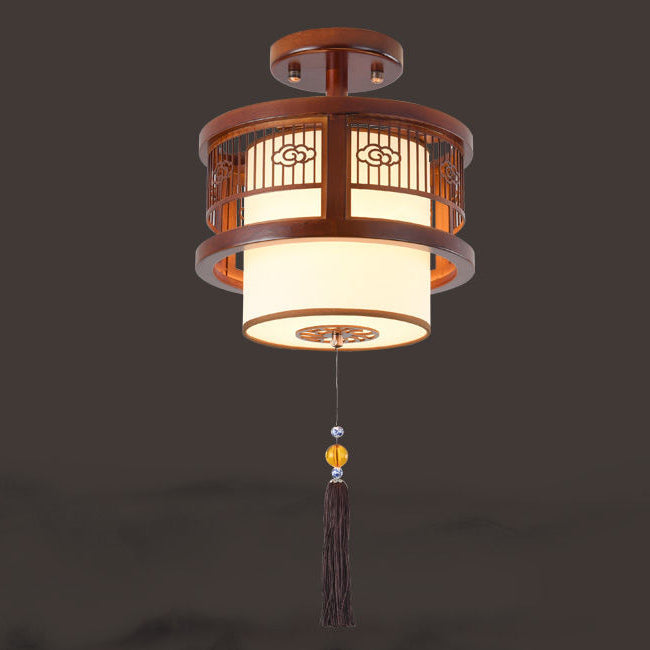 Traditional Chinese Solid Wooden Fabric Lantern Shade 1/3-Light Chandelier For Living Room