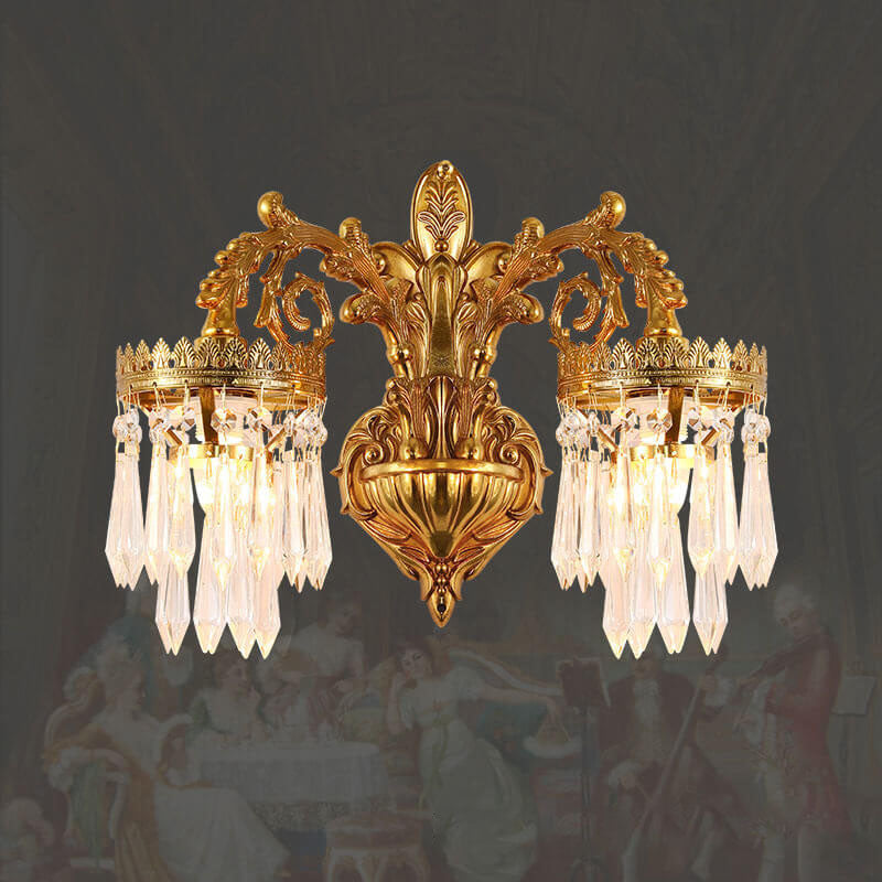 French Luxury Crystal Copper Carving 1/2 Light Wall Sconce Lamp