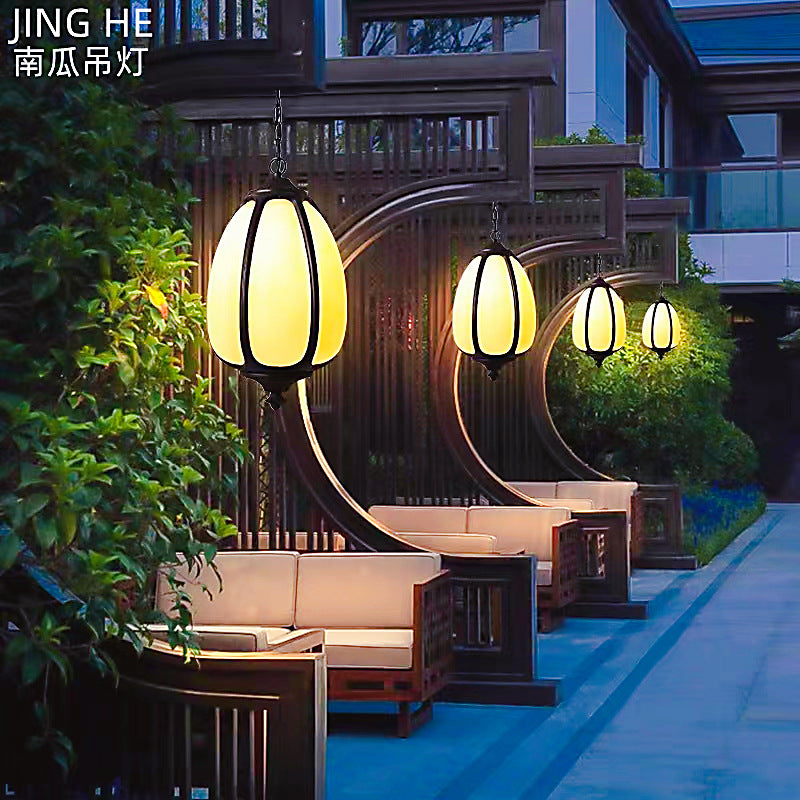 Traditional Chinese Waterproof Aluminum PC Dolomite Elliptical Pumpkin 1-Light Pendant Light For Ourdoor Patio