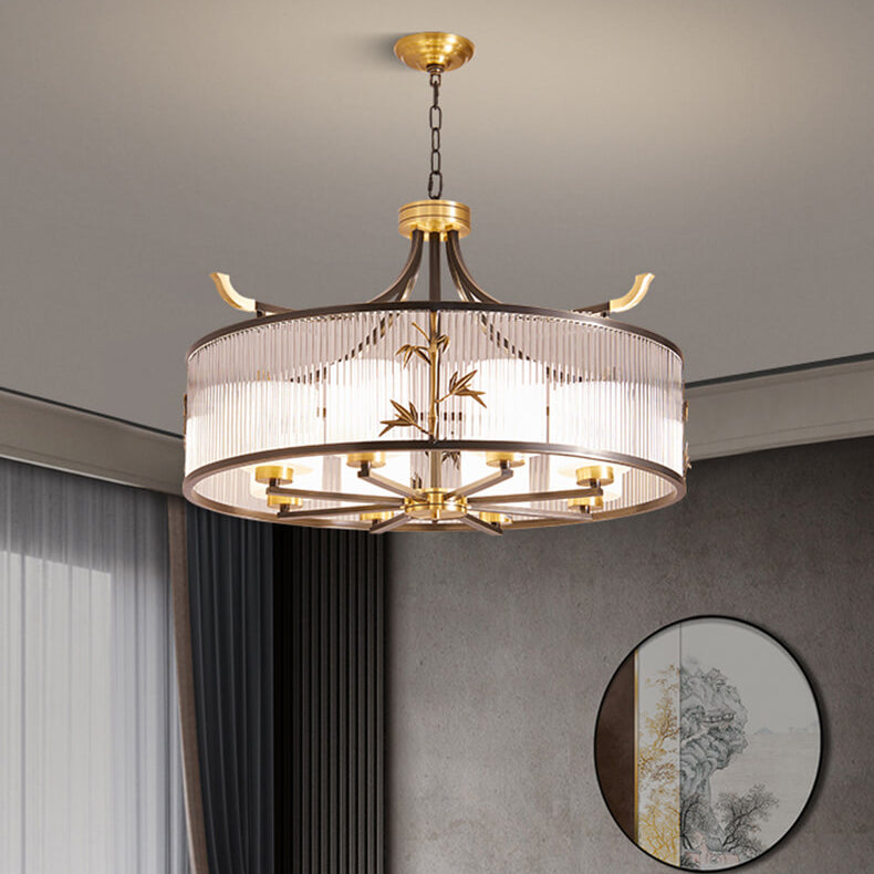 Traditional Chinese Copper Frame Ribbed Glass Cylinder Shade 4/6/8-Light Chandelier For Living Room