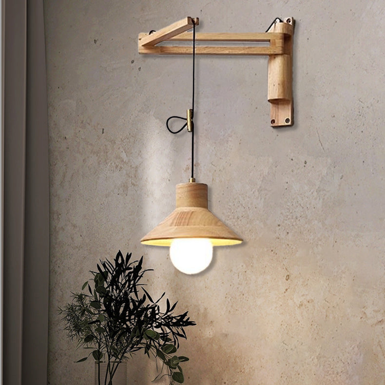 Contemporary Retro Wood Conic Bowl 1-Light Wall Sconce Lamp For Bedside