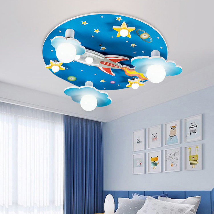 Modern Art Deco Kids Wood Plastic Round Rocket Starry Sky LED Flush Mount Ceiling Light For Bedroom