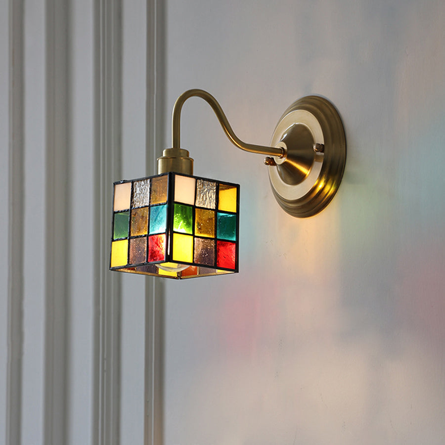 Traditional Vintage Square Rubik's Cube Tulip Brass Glass 1-Light Wall Sconce Lamp For Living Room