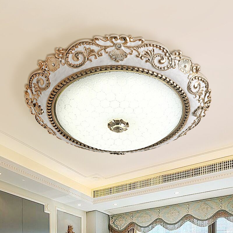 European Retro Round Carved Lace Resin Glass LED Flush Mount Ceiling Light