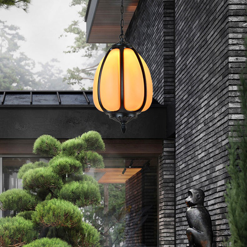 Traditional Chinese Waterproof Aluminum PC Dolomite Elliptical Pumpkin 1-Light Pendant Light For Ourdoor Patio