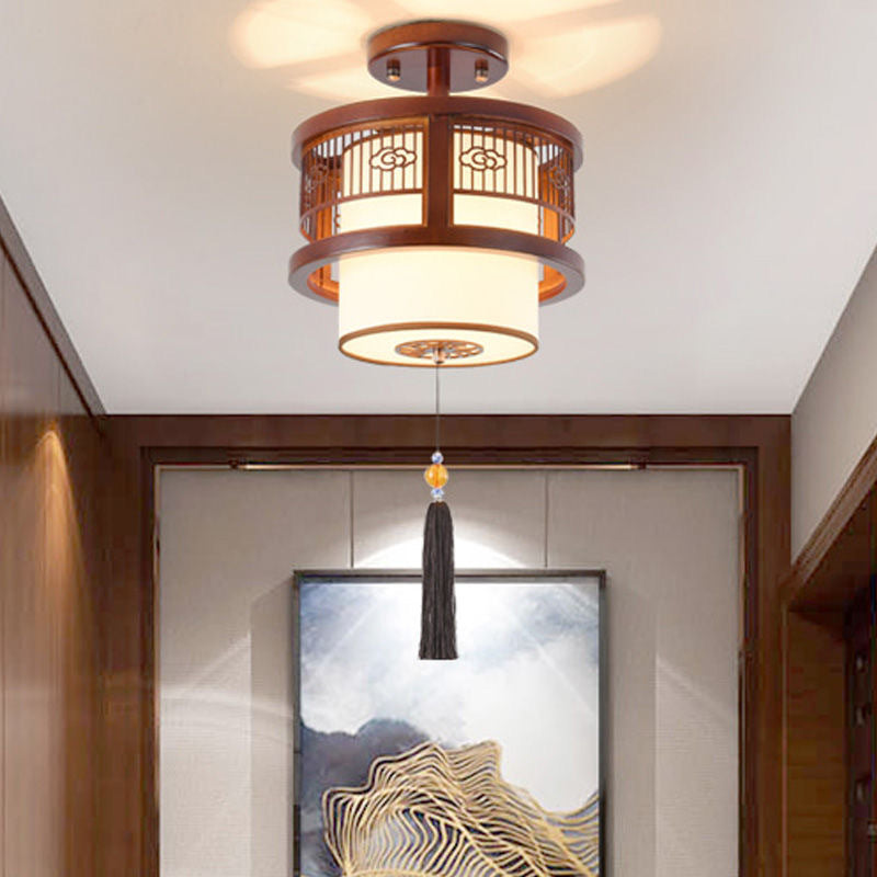 Traditional Chinese Solid Wooden Fabric Lantern Shade 1/3-Light Chandelier For Living Room