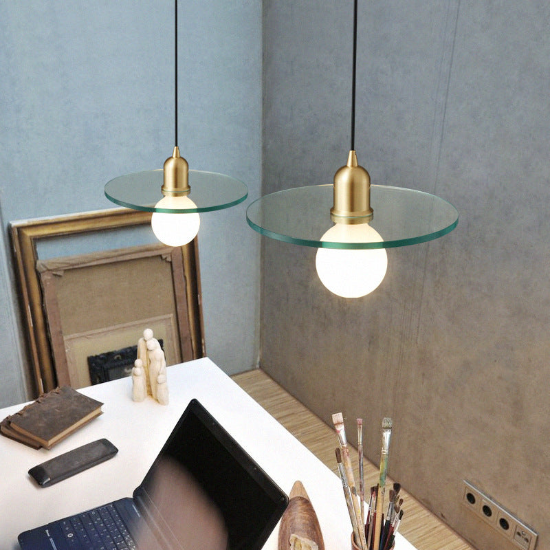 Contemporary Scandinavian Glass Round Disc Copper Lamp Head 1-Light Pendant Light For Dining Room