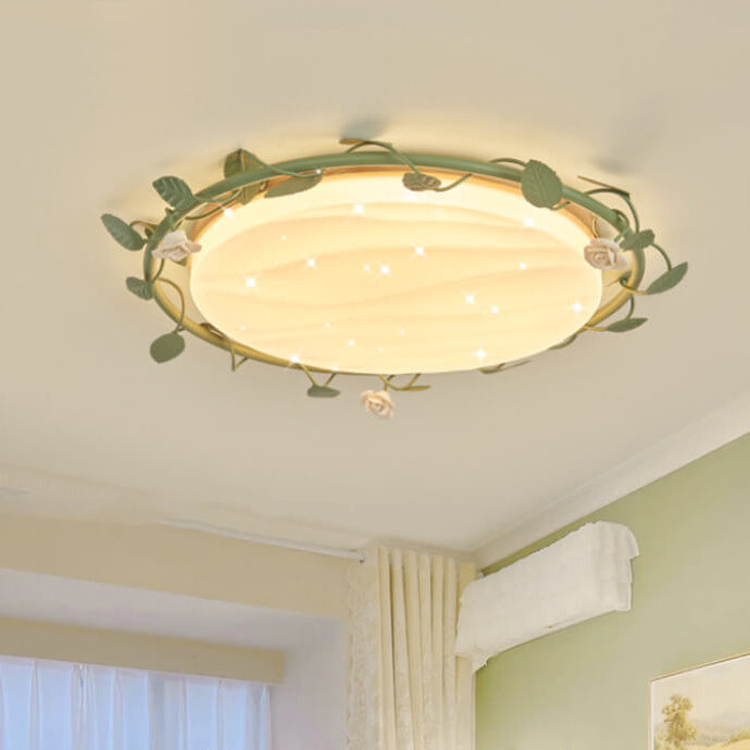 Modern Minimalist Disc Rose Rattan Wood Acrylic LED Flush Mount Ceiling Light