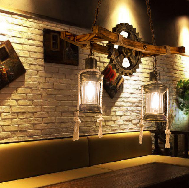 レトロなインダストリアルギア アイアンウッドツイーン 2灯アイランドライト シャンデリア