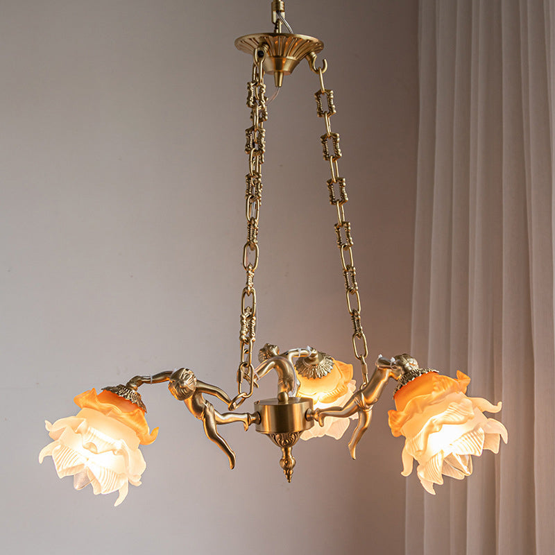 Traditional Vintage Angel Flower Copper Glass 1/3/6 Light Chandelier For Bedroom