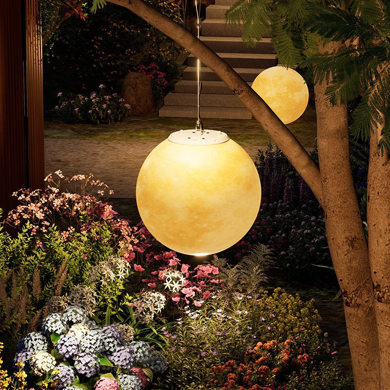 Contemporary Nordic Solar Waterproof PE Resin Round Moon LED Pendant Light For Outdoor Patio