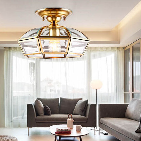 Modern Luxury Octagonal Brass Crystal Glass 1-Light Semi-Flush Mount Ceiling Light