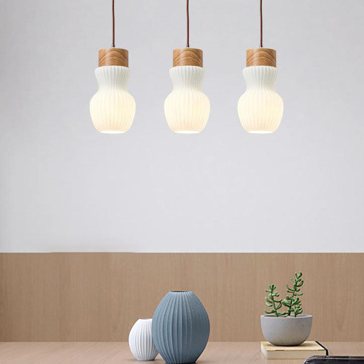 Traditional Japanese Wood Ribbed Glass Bottle Shade 1/3-Light Island Light Chandelier For Living Room