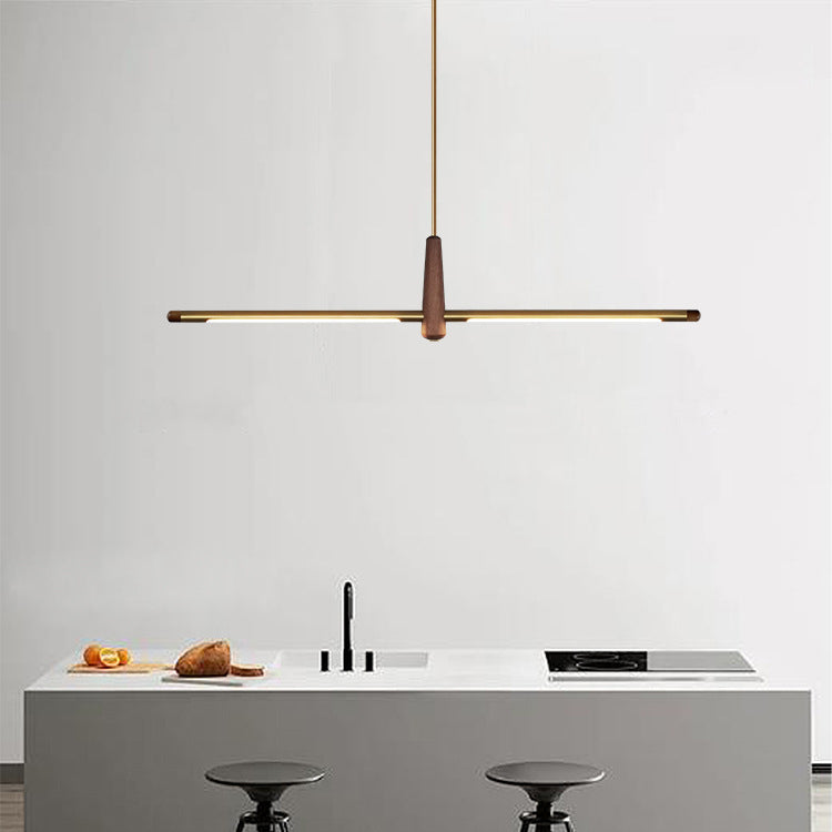 Contemporary Scandinavian Copper Brass Wood Strip LED Kitchen Island Light Chandelier For Dining Room