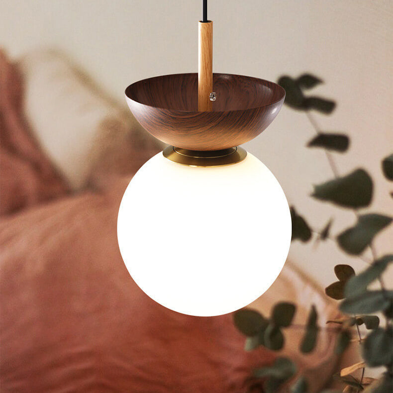 Nordic Japanese Glass Orb Wood Grain Iron 1-Light Ceiling Light
