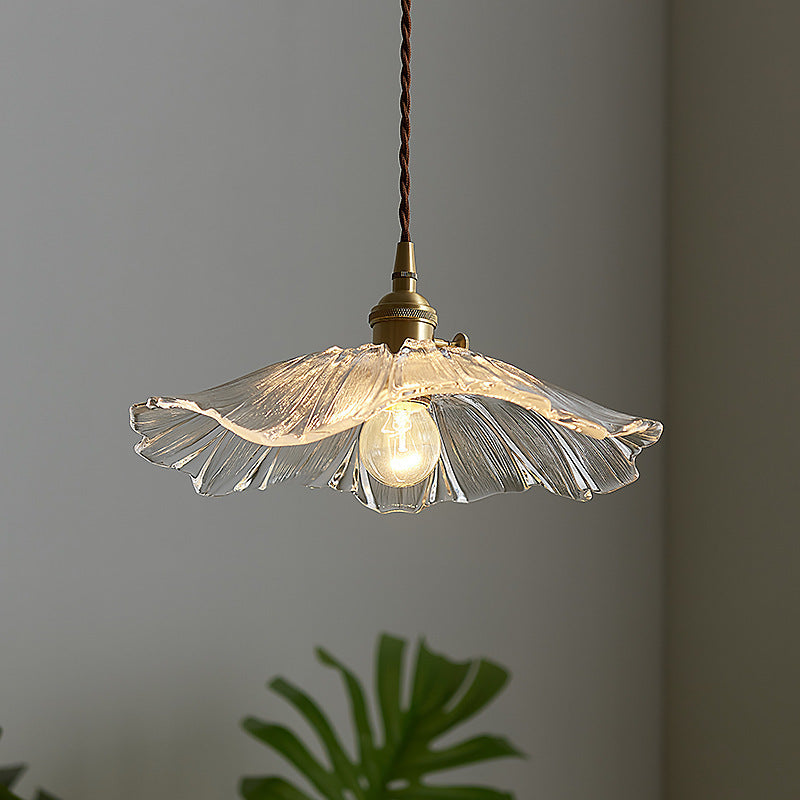 Traditional Vintage Brass Lotus Leaf Glass Shade 1-Light Pendant Light For Living Room