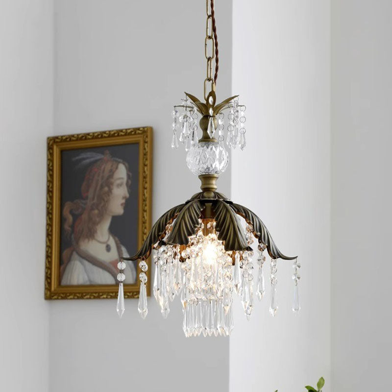 Traditional Vintage Brass Iron Crystal Pineapple Flower 1-Light Pendant Light For Hallway