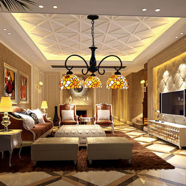 ヨーロッパのティファニー製ひまわりドームステンドグラス3灯シャンデリア