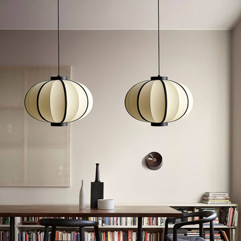 Traditional Chinese Fabric Lantern Iron Frame 1-Light Pendant Light For Living Room