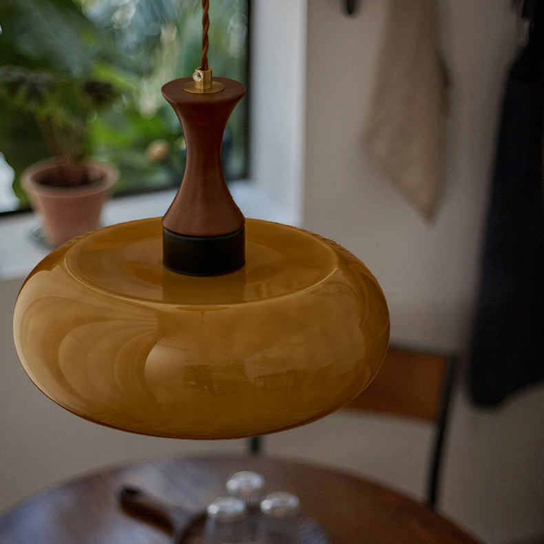 مصباح معلق دائري معاصر بتصميم عتيق مصنوع من الخشب والحديد والزجاج لغرفة الطعام