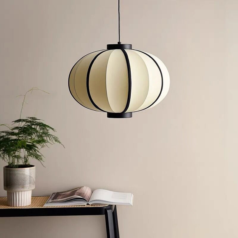 Traditional Chinese Fabric Lantern Iron Frame 1-Light Pendant Light For Living Room