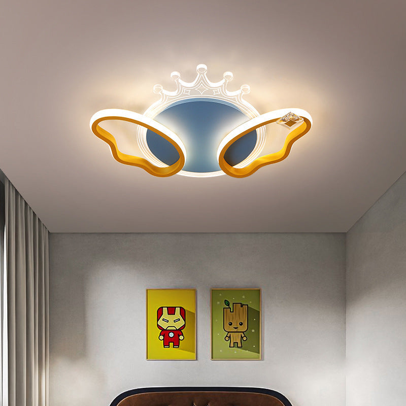 Modern Art Deco Butterfly Crown Round Acrylic Iron LED Flush Mount Ceiling Light For Bedroom
