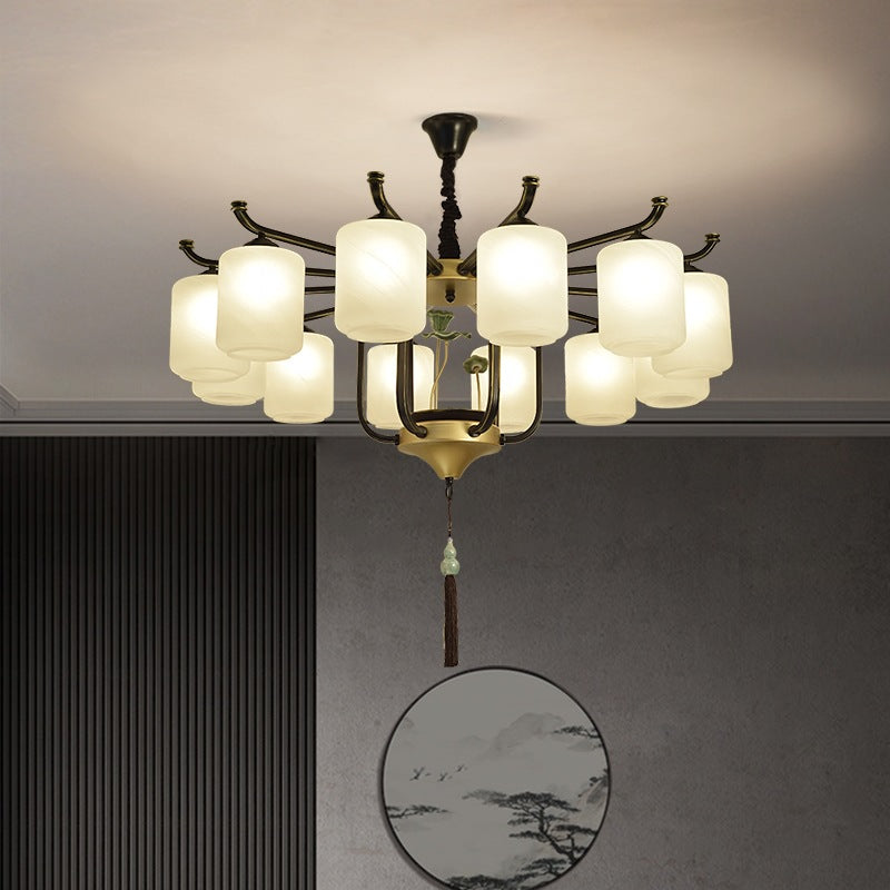 Traditional Chinese Iron Frame Cylinder Glass Shade 6/8/10/12-Light Chandelier For Living Room