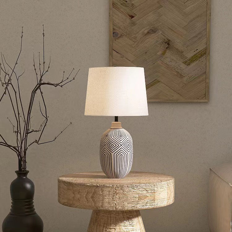 Traditional Japanese Striped Vase Base Ceramic Fabric 1-Light Table Lamp For Bedroom