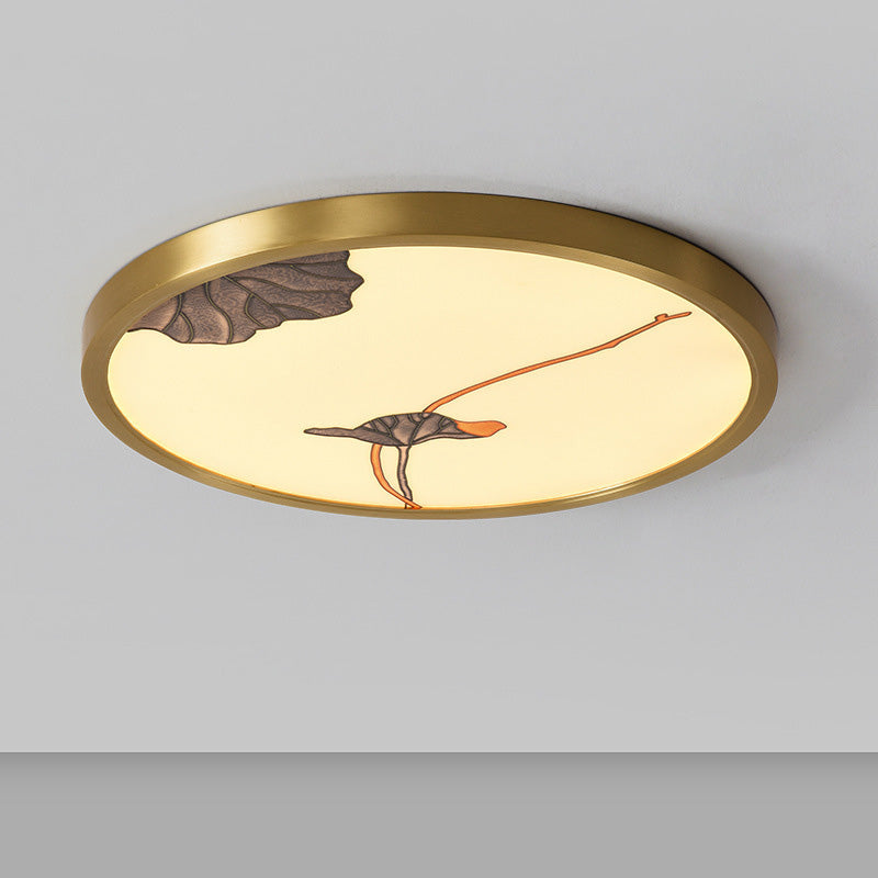 Traditional Chinese Copper Acrylic Round Lotus Bamboo Ginkgo Leaves LED Flush Mount Ceiling Light For Living Room