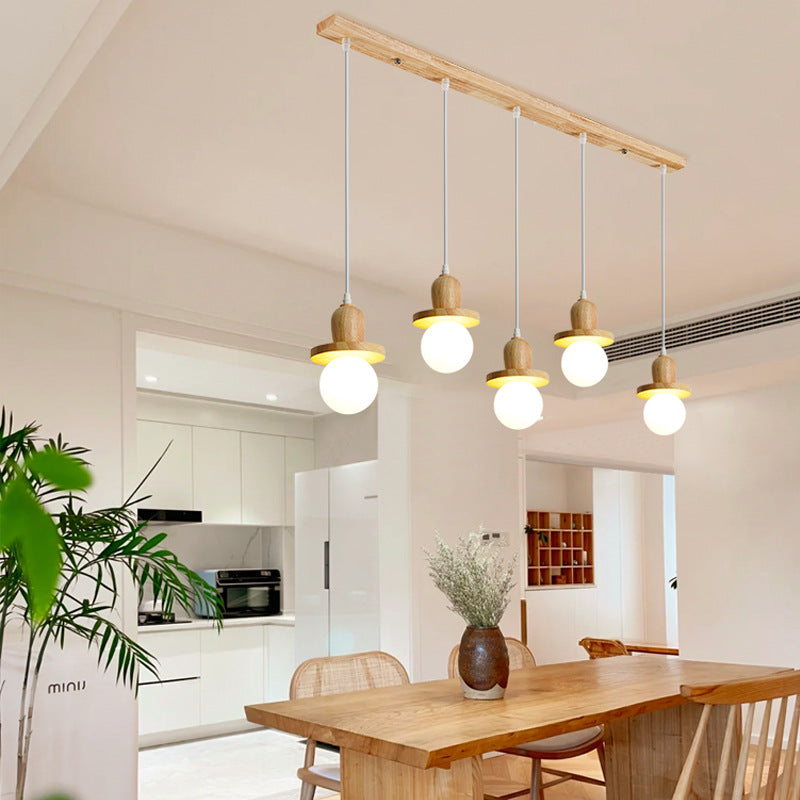 Traditional Japanese Wooden Linear Frame Globe Glass Shade 1/3/5-Light Island Light Chandelier For Living Room