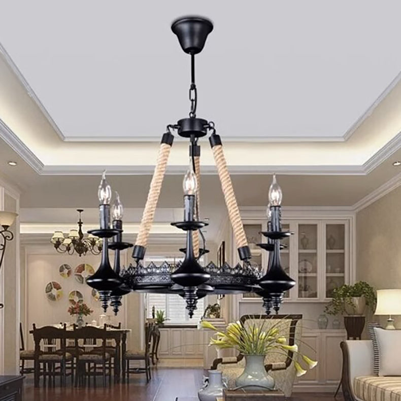 Traditional Vintage Round Candelabra Iron Hemp Rope 3/6/8 Light Chandelier For Living Room