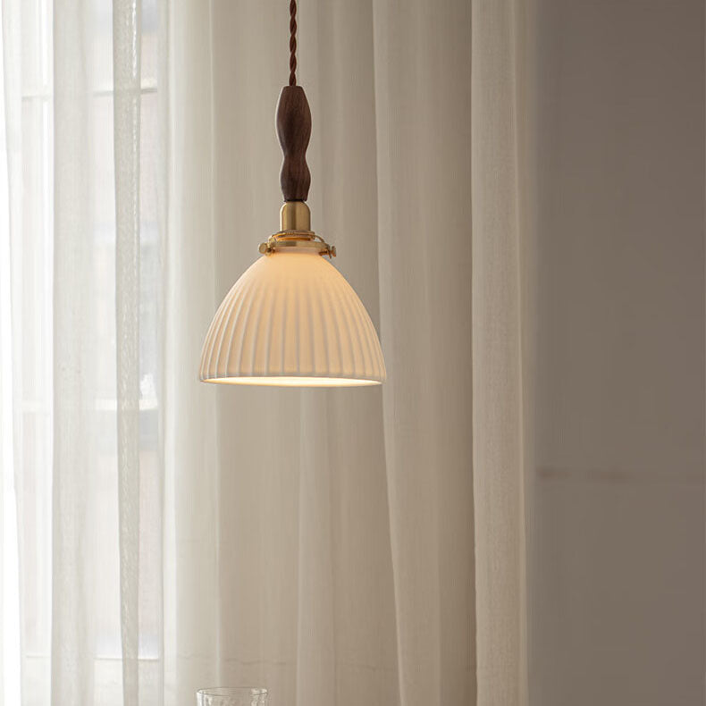 مصباح معلق ياباني تقليدي من خشب الجوز والنحاس والسيراميك على شكل وعاء دائري لغرفة الطعام