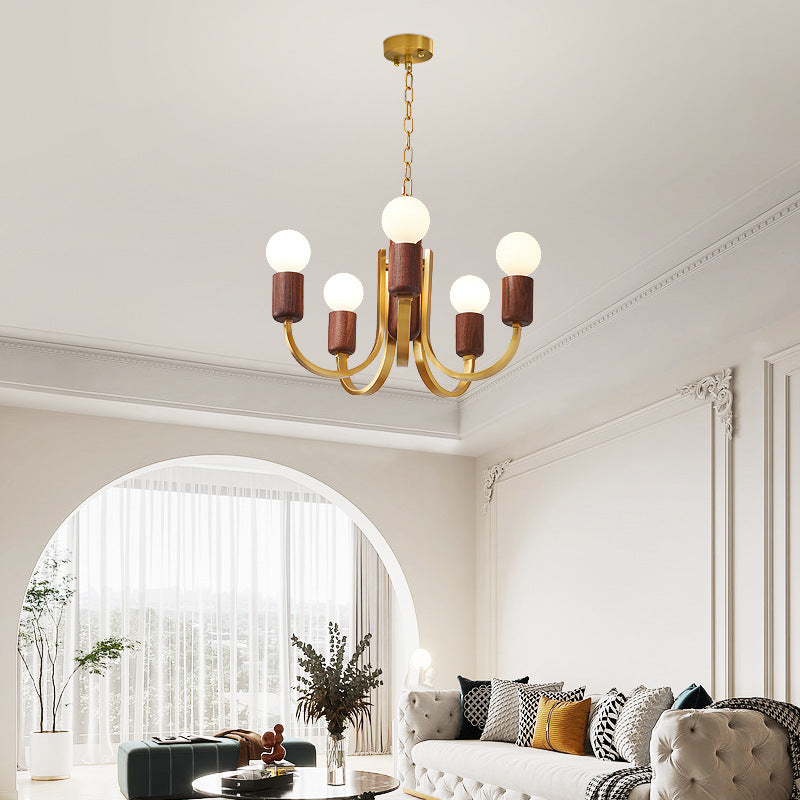Contemporary Vintage Curved Rod Cylinder Candlestick Shape Copper Wood 3/4/5 Light Chandelier For Living Room