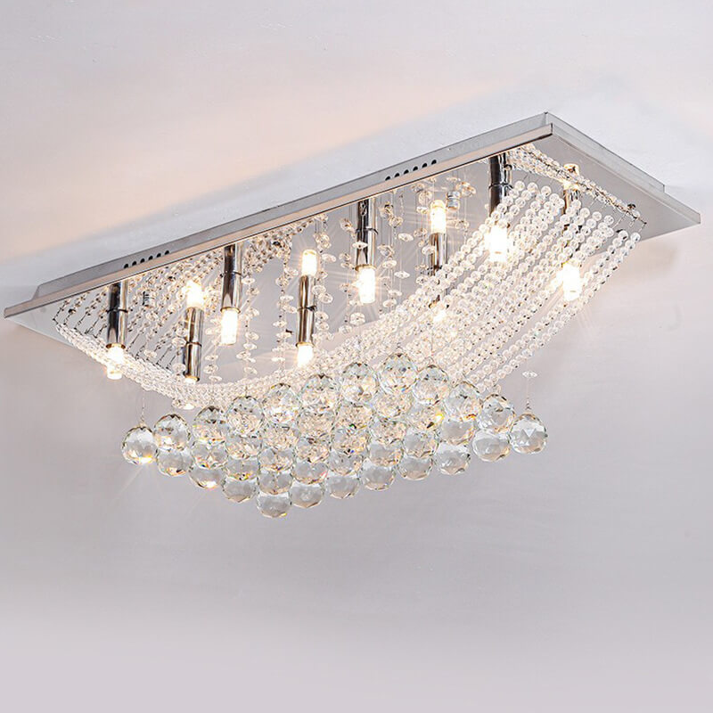 European Luxury Crystal Bead Curtain Rectangular Stainless Steel 8-Light Flush Mount Ceiling Light