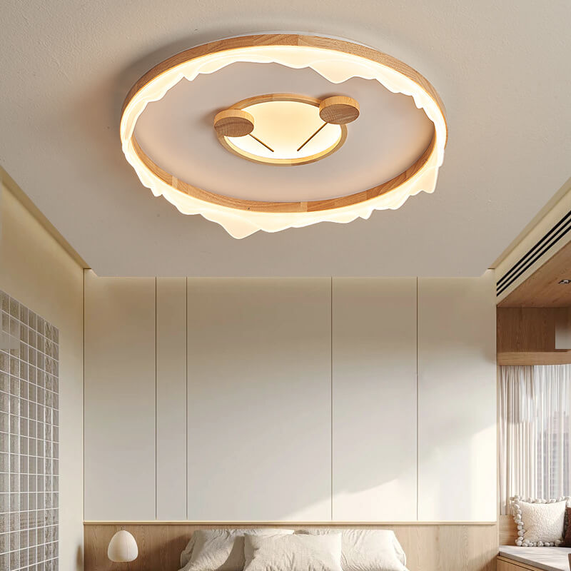 Japanese Cartoon Round Solid Wood Acrylic LED Flush Mount Ceiling Light