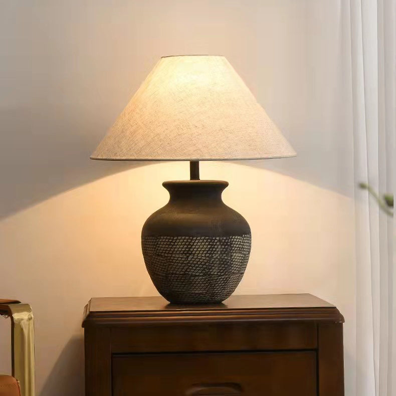 Traditional Japanese Vintage Cone Fabric Round Ceramic Jar Base 1-Light Table Lamp For Bedroom