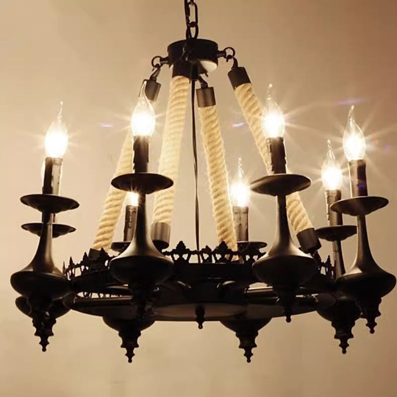 Traditional Vintage Round Candelabra Iron Hemp Rope 3/6/8 Light Chandelier For Living Room
