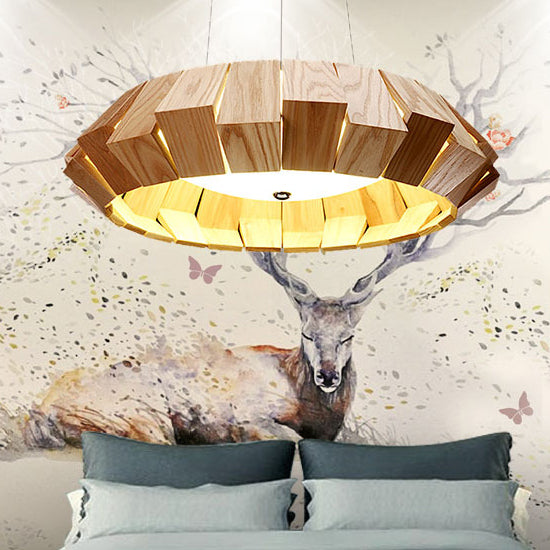 Contemporary Scandinavian Round Flying Saucer Wood Glass LED Chandelier For Living Room