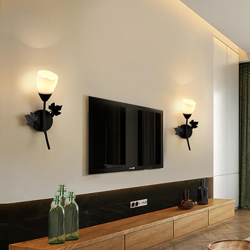 Contemporary Scandinavian Floral Iron Glass 1/2 Light Wall Sconce Lamp For Living Room